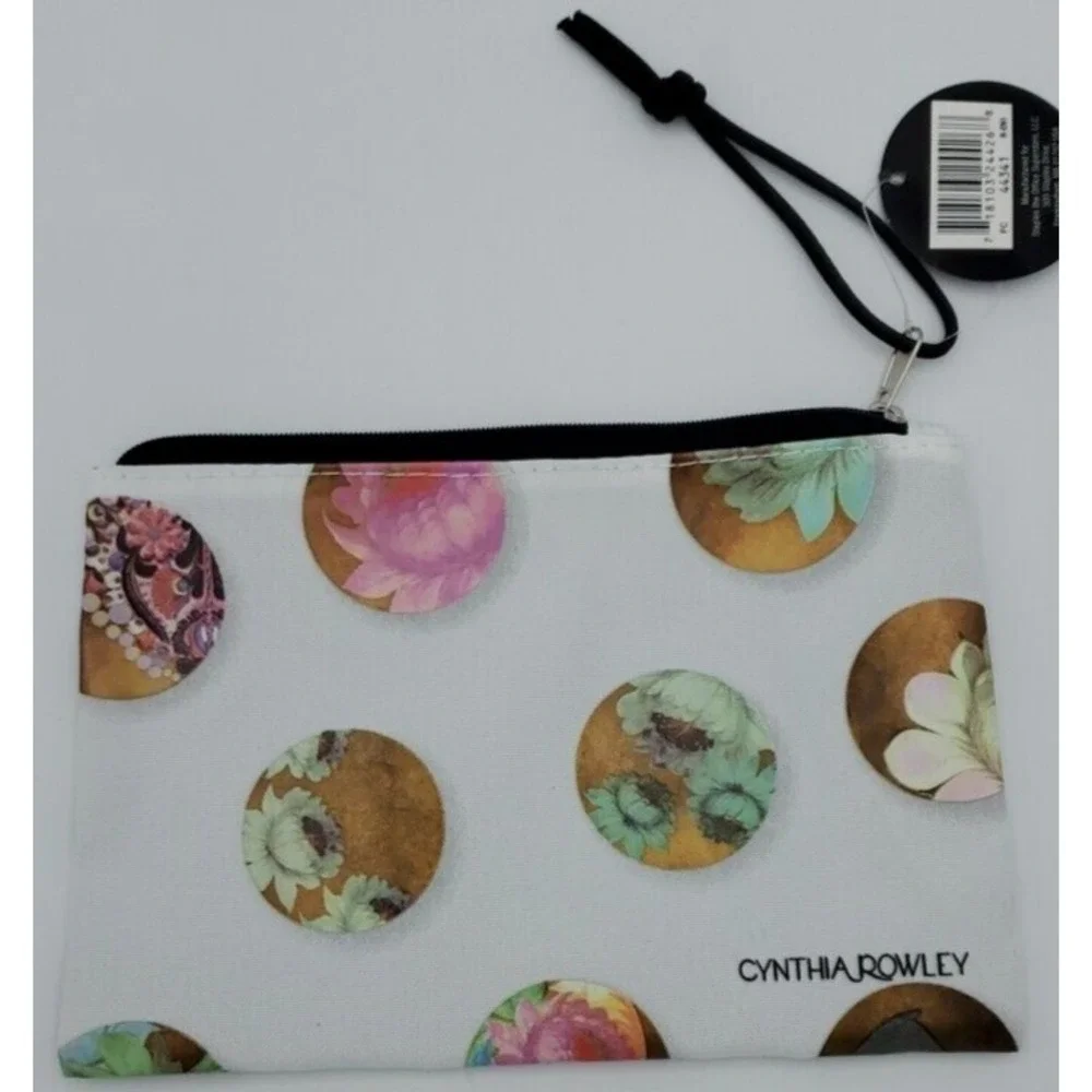 Cynthia‎ Rowley Makeup Bag White Floral Dots Clutch Cosmetic Pencil Pouch